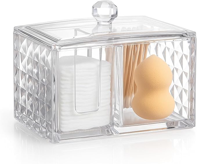 Cotton Swab Holder - Compact Bathroom Canister with Lid and 3 Compartments for Organizing Cotton Ball, Swab, Pad - Acrylic Bathroom Storage Jar Compatible with Q Tips