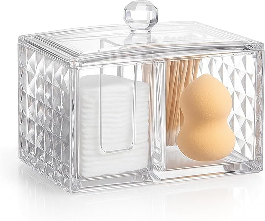 Cotton Swab Holder - Compact Bathroom Canister with Lid and 3 Compartments for Organizing Cotton Ball, Swab, Pad - Acrylic Bathroom Storage Jar Compatible with Q Tips