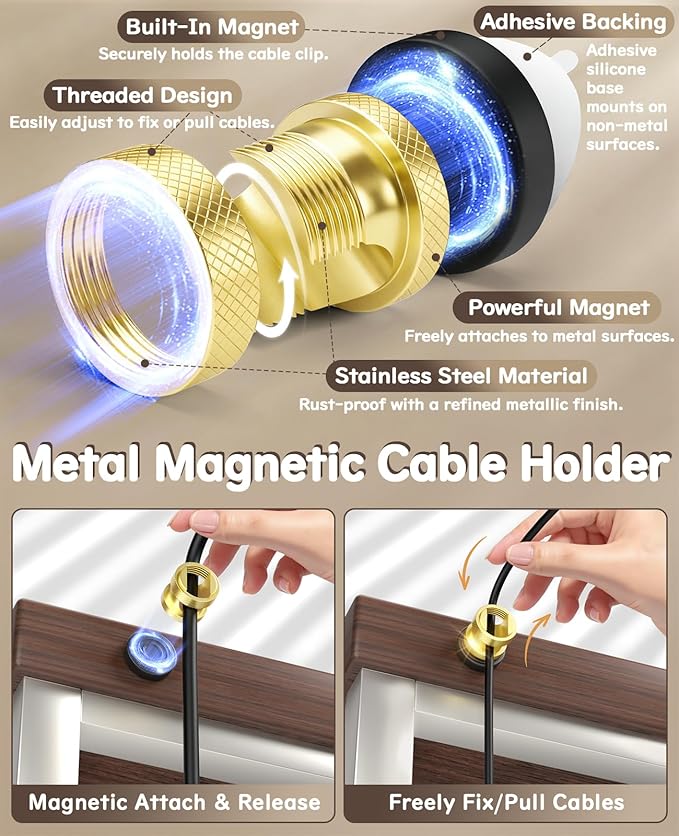 Maveek Magnetic Cord Clips 6 Pack, Wire Organizer Metal Cable Clips Adhesive Cable Management For USB Charging Cords, Desk Office Car Dash Cam Nightstand (Premium Gold Edition)