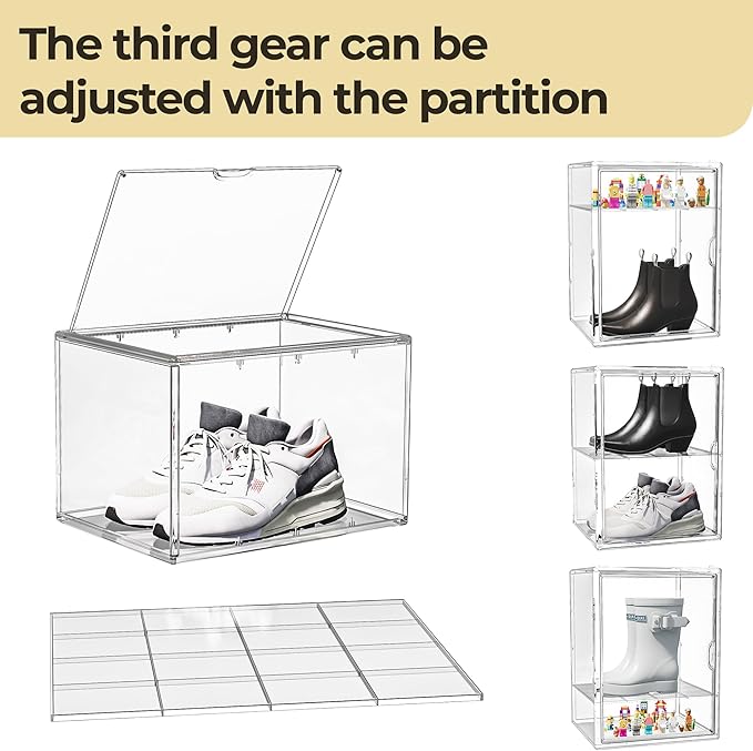 15.75''x11.81''x9.84'' XX-Large Clear Shoe Storage Boxes with Divider, Stackable Plastic Boot Boxes with Magnetic Door, Acrylic display case Box with Lids for Sneaker Purses Handbags Books (3)