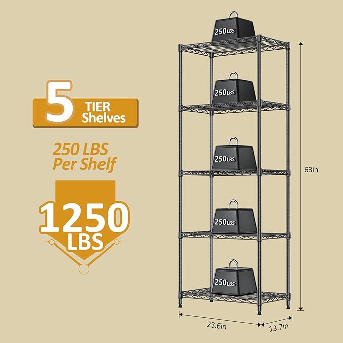 IZEUK 5-Shelf Adjustable Steel Wire Storage Shelving Unit, 13.7" D x 23.6" W x 63" H, 1250 lbs, Black, Heavy Duty Metal Storage Rack for Home & Garage Shelving Organizer
