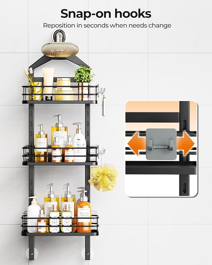 3 Tier Height-Adjustable Shower Caddy Hanging Hanger Anti-Swing-Over The Shower