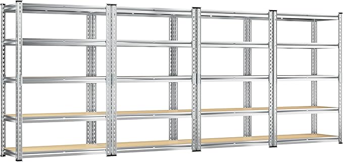REIBII Garage Shelving, 5 Tier Storage Shelves Load 2400LBS, Adjustable Garage Shelving Heavy Duty, Metal Shelving Unit with Waterproof Columns, 35.5" W x 11.9" D x 72" H, Galvanized, 4 Pack