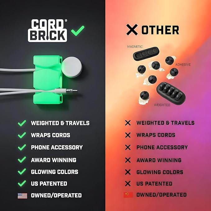 CordBrick Glowing Silicone + Steel Weighted Cable Holder for Nighstand, Cord Wrap for Travel, Unique iPhone Accessory. Small Graduation Gift for High Schoolers. Gadget for Teens. Blue Glow