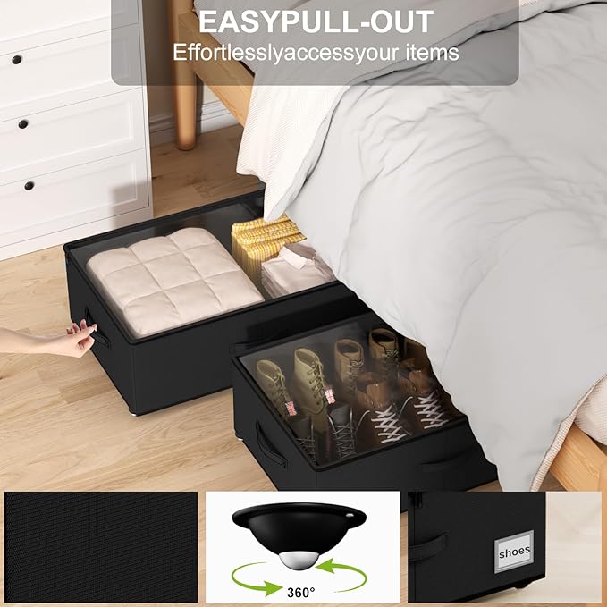 Under Bed Storage with Wheels,Under Bed Shoe Storage Organizers,Underbed Storage Bins,Rolling Under the Bed Storage Containers for Shoes Clothes in Dorm Bedroom,2 Pack（Black）