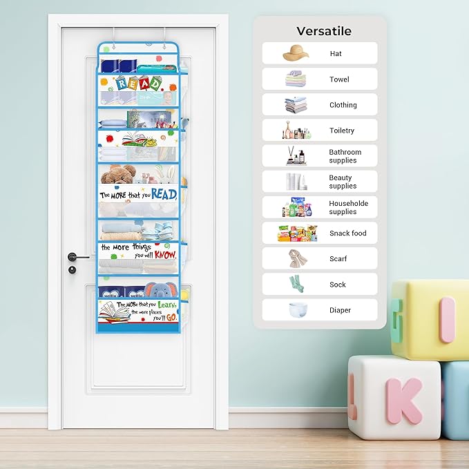 Clastyle Dr Read Quotes Over the Door Organizer with Clear Window Mesh Pocket 44 lbs Weight Capacity Nursery Hanging Shelf for Diaper Toy Closet Door Storage for Bedroom Bathroom Pantry