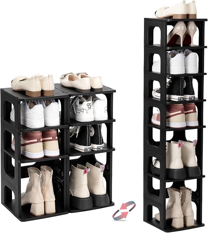 TRZZ 4-Tier Small Shoe Rack, Vertical Narrow Stackable Organizer with Removable Partition, Efficient Shoe Storage for Closet, Entryway, and Small Spaces (Black)