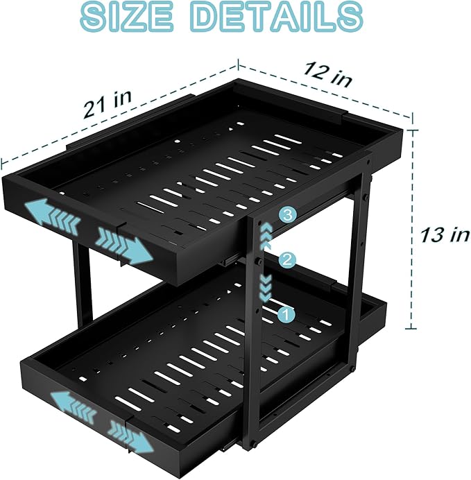 Golener 2-Tier Expandable Pull Out Cabinet Organizer - 21" Deep Pull-Out Drawers for Kitchen Cabinets, 2 Slide Home Storage Organizers, Slide Out Shelves for Base Cabinet Organization in Kitchen,Black