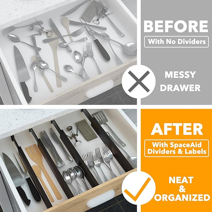 4 Pack Bamboo Drawer Dividers with Labels, 17-22 in, Black