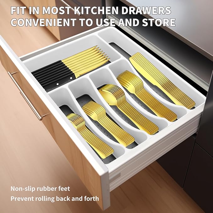 53PCS Gold Silverware Set for 8 with Flatware Drawer Organizer, Stainless Steel Cutlery Set with Steak Knives, Include Spoons and Forks Set & Serving Utensils, Mirror Polished, Dishwasher Safe