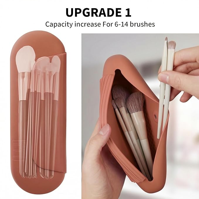 AGIKET Silicone Makeup Brush Holder Travel Cosmetic Bag：Soft Portable Cosmetic Face Brushes Holder with Upgrade Anti-Fall Out Magnetic Closure, Large Travel Makeup Brush Case - Brown