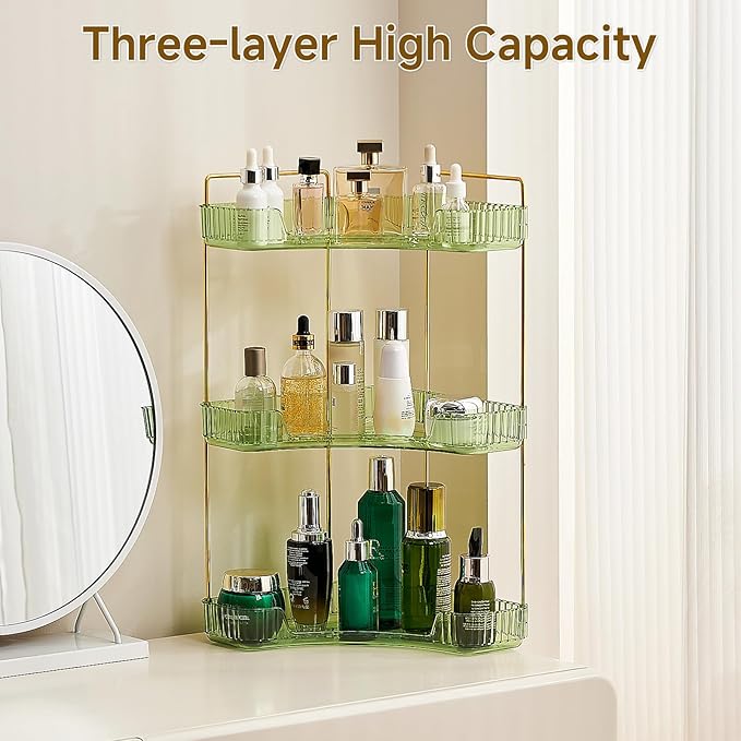 Ceruaxb 3-Tier Corner Bathroom Counter Organizer, Plastic Countertop Makeup Organizer, Large Capacity Vanity Bathroom Perfume Shelf Rack for Kitchen Office Desktop (Green)