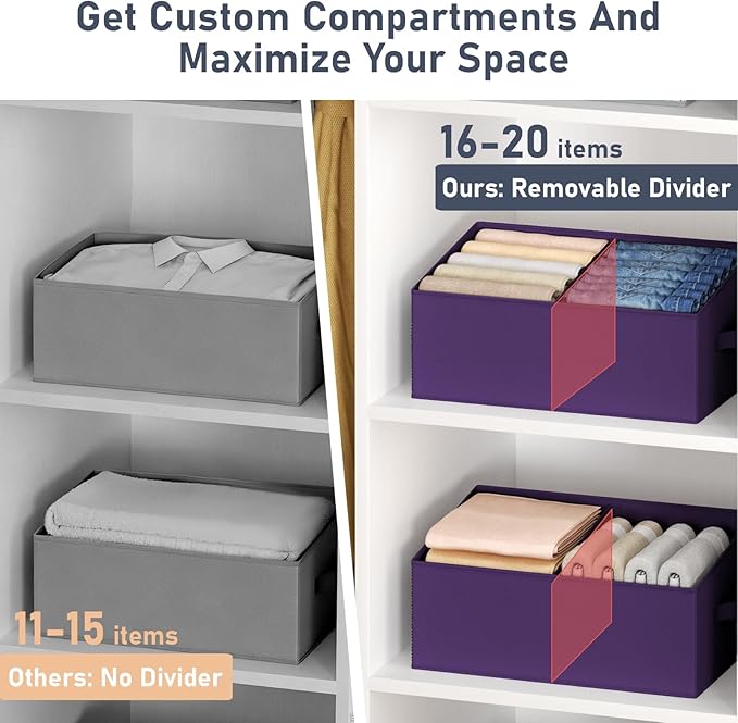 Large Closet Shelf Organizer Bins 8 Packs with Handles and Divider, Purple