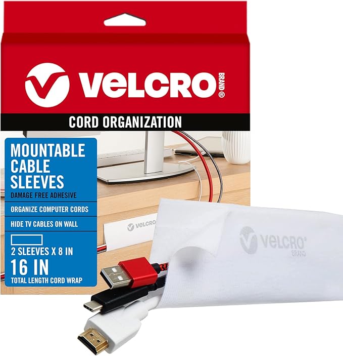 VELCRO Brand Cable Sleeves. Organize Messy Wires on Desk, Behind TV or Game Console. 16-Inch (2x8in) White. Removable Adhesive Mounts to Smooth Surfaces