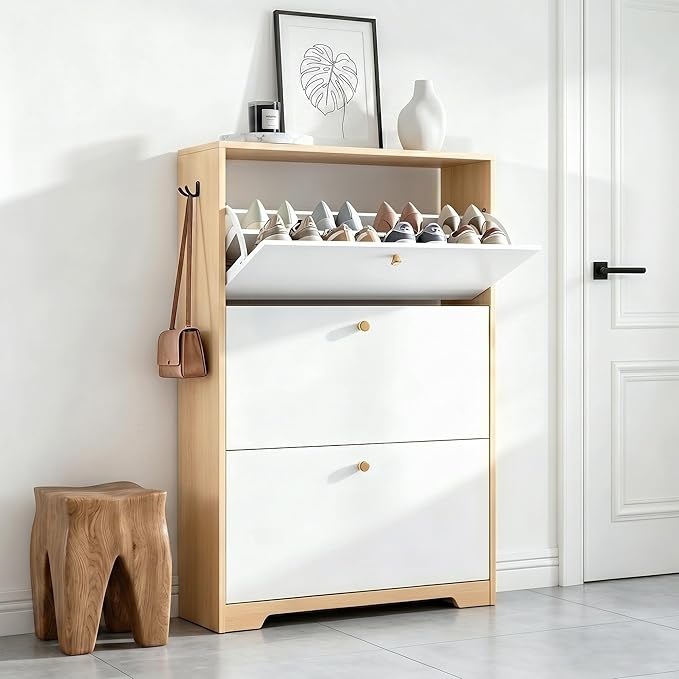 Nicetree Shoe Cabinet with 3 Flip Drawers，Freestanding Shoe Storage Cabinet, Narrow Shoe Organizer Cabinet, Farmhouse Slim Shoe Rack Cabinet for Entryway,Natural Oak and White with Hook