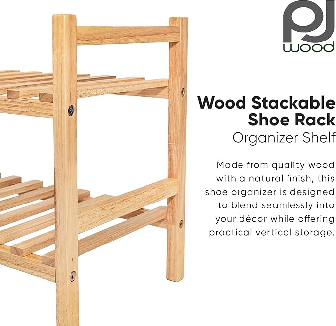 PJ Wood Stackable Wooden Shoe Rack Organizer for Closet Storage, Entryway Shelves, Tiered Cabinet for Shoes, 6 Pair Capacity, Natural