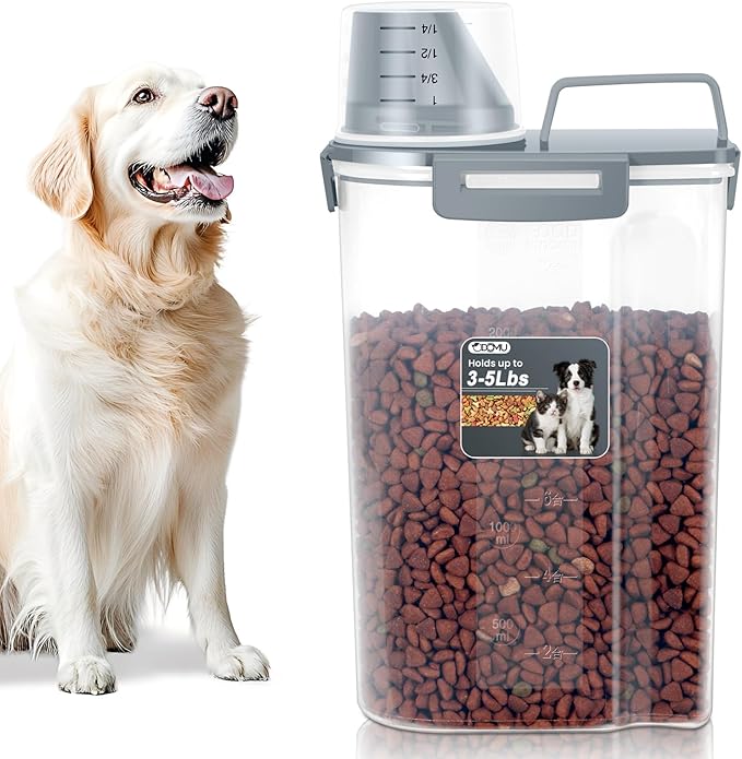 2.5-5LBS Upgraded Large Nozzle Cat Dog Food Storage Container BPA-free, Airtight Pet Food Storage Bin with 4 Lock Buckles, Sealing Gasket, Cup for Pet Food, Dog Treats, Rice, Flour,Dry-Grey Blue