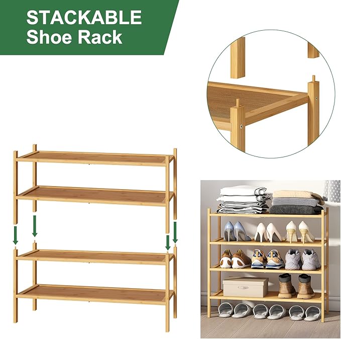 kiplant 4-Tier Shoe Rack for Entryway, Bamboo Wood Shoe Rack 4-Tier, Stackable Shoe Organizer for Closet, Free Standing Shoe Racks for Indoor & Outdoor