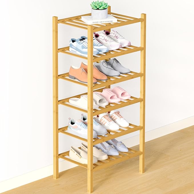 Smiry Bamboo Shoe Rack for Closet, 6 Tier Small Wooden Shoe Organizer, Stackable Wood Shoe Storage Shelf for Entryway, 14 Vertical Slats, 3+3 Stack Heavy-Duty Legs, 17.32"x11.02"x36.61", Natural