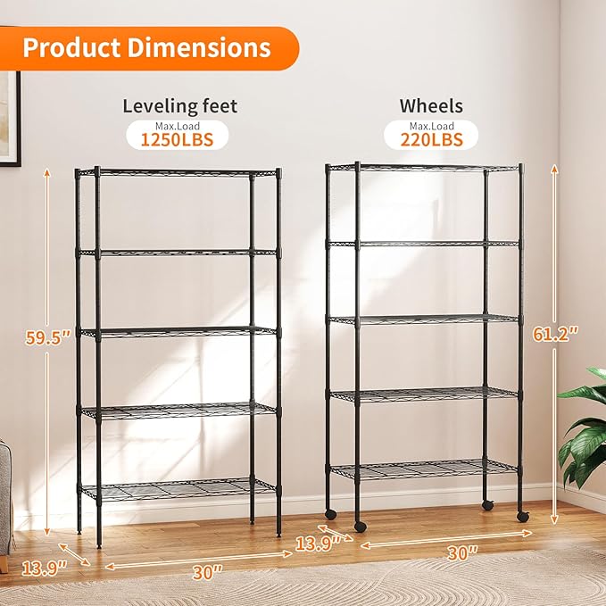 5-Tier Wire Storage Shelves with Wheels, 14 x 30 x 61, Black