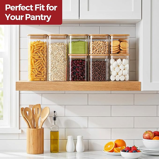 6-Pack Square Glass Pantry Storage Containers with Lids, Airtight Stackable Pantry Organization and Storage Set (1.9/1.2/0.6 Qt) for Snacks, Cereal & Coffee