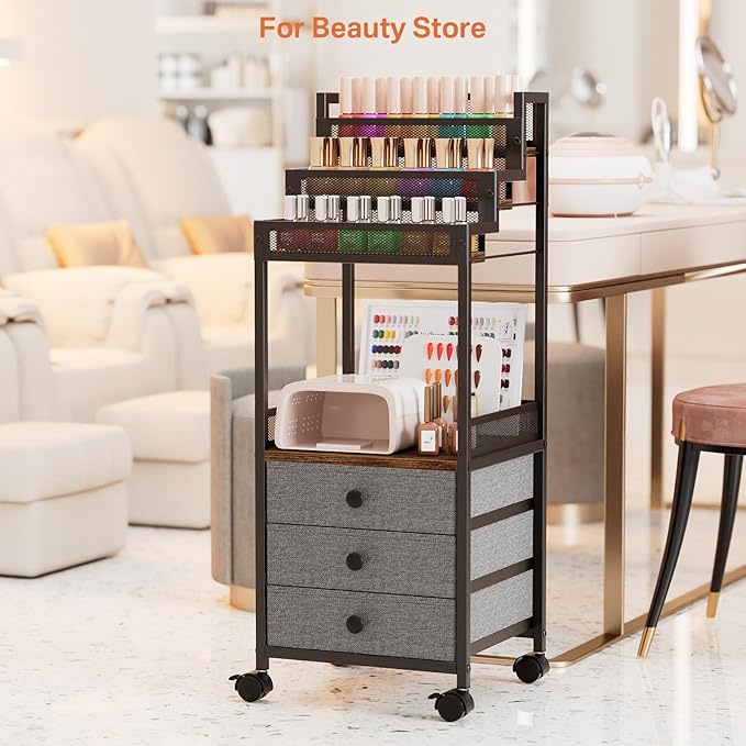 Display Riser Stand Perfume Cologne Organizer, 13in Rolling Makeup Storage Cart with Fabric Drawers, Floor Vanity Cosmetics Display Cases for Skin Care Nail Polish Figures Rustic Brown