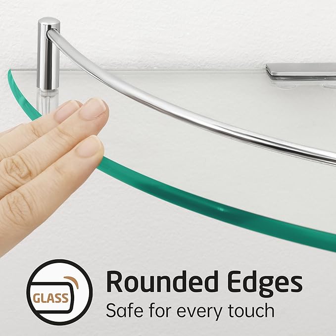 KES Glass Corner Shelf with Hooks 18/8 Stainless Steel, Tempered Glass Bathroom Corner Shelf with Rail, Shower Glass Shelf 2 Pack Wall Mounted, Polished Finish, BGS2101A-P2