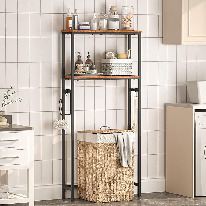HOOBRO Over The Toilet Storage, 2-Tier Bathroom Organizer Over Toilet, Freestanding Bathroom Storage Shelves with Toilet Paper Holder and Hooks, Space Saver for Room, Rustic Brown and Black BF49TS01