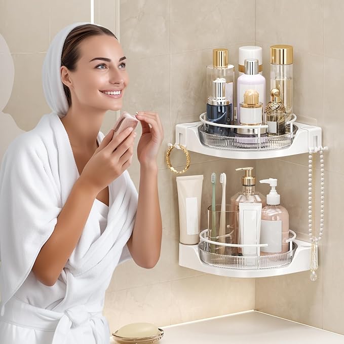 360°Rotating Corner Shower Caddy(2-Pack), No-Drill Adhesive Shower Shelf Organizer with Hooks, Lazy Susan Bathroom Storage for Bathtub, Shower Corner & Kitchen Sink, Space Saving Bathroom Organizer