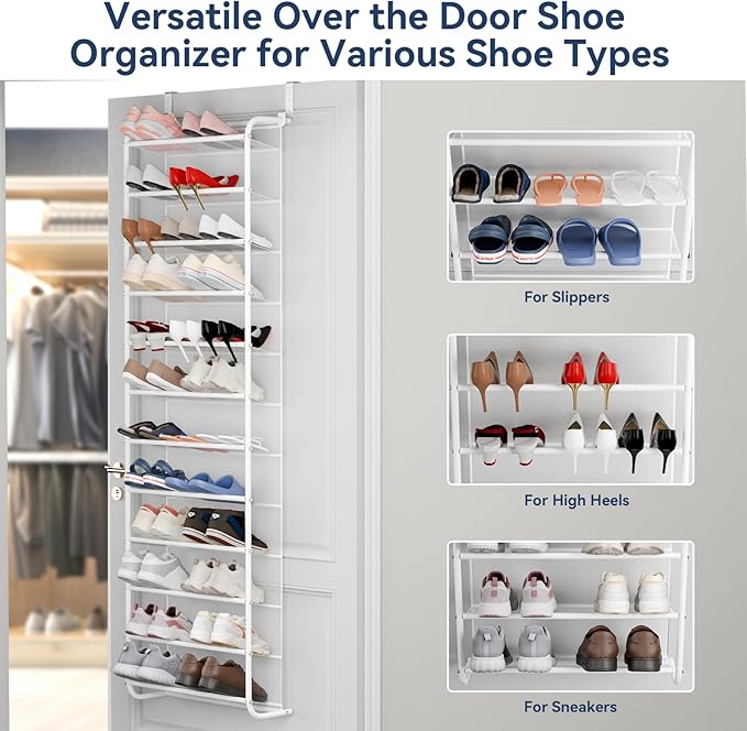 Whitmor 36 Pair Over the Door Shoe Organizer, 12 Tier Hanging Shoe Organizer, Heavy Duty Metal & Mesh Shoe Holder, Hanging Shoe Rack for Closet Organizer & Storage, 74"L x 21.7"W x 7.5"H, White