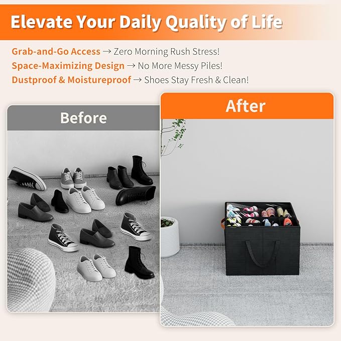 Aokeyee 2 Pack Shoe Organizer for Closet, Foldable Shoe Storage Organizer Box w/Clear Cover and 4 Reinforced Handles, Space Saving Shoes Bin Fits up to 32 Pairs, Black