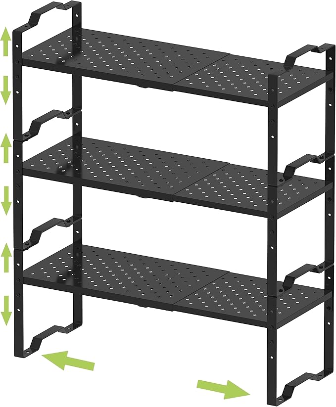 Jojocross Expandable Shelf for Cabinet Organizer Adjustable Stackable Spice Rack at Kitchen and Bathroom More, Counter Countertop Cupboard Organization Pantry Storage(3 Packs/Black, Medium)