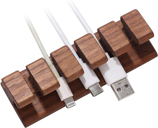 Walnut Wood Cord Holder, 5 Slots Cable Organizer with Adhesive Tape