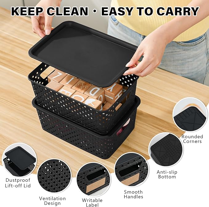 10 Pack Small Plastic Storage Bins with Lids, Stackable Plastic Storage Baskets for Organizing with Handles, Organizer Bins with Labels for Room, Craft, Containers for Pantry Organizers and Storage