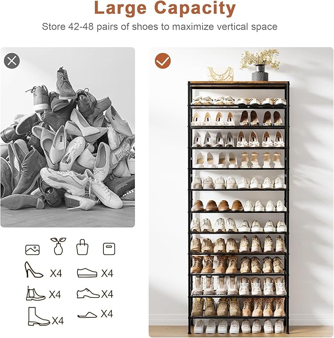 12-Tier Tall Shoe Rack Organizer Shoe Storage for Entryway 40-48 Pairs Metal Shoe Rack for Closet Heavy-Duty Shoe Rack with Wooden Top Shelf for Garage Rustic Brown