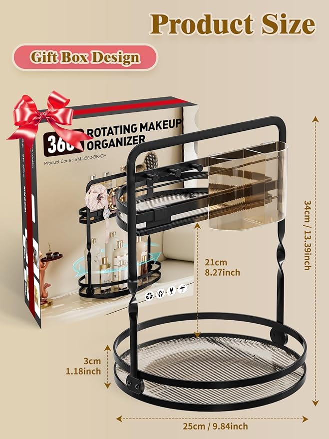 360 Rotating Makeup Organizer, 2-Tier Black Perfume Organizer for Dresser, Bathroom Counter Organizer, Lazy Susan Vanity Tray Spinning Skincare Storage with Jewelry Hooks & Makeup Brush Holder