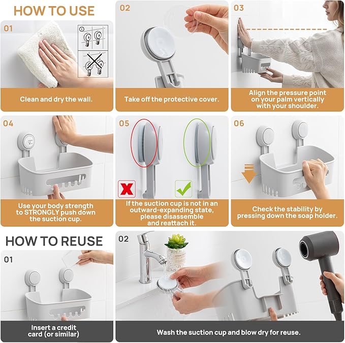 Shower Caddy Suction Cup, Shower Organizer Removable Bathroom Shelf, Gray