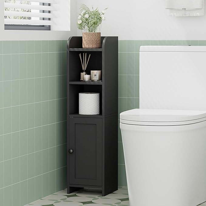 Homhedy Small Bathroom Storage Corner Floor Cabinet with Door and Shelves, Beside The Toilet Paper Stand for Skinny, Narrow Toilet Paper Cabinet, 9.8" D x 7.9" W x 31" H, Black