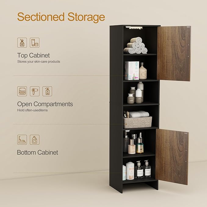 Tall Storage Cabinet, 13.15 Inch Narrow Bathroom Cabinet with USB Magnetic Light, Open Shelf, Magnetic Doors, 2 Adjustable Shelves, Anti-Tip Kit for Small Spaces, Living Room, Black, 57.1" H
