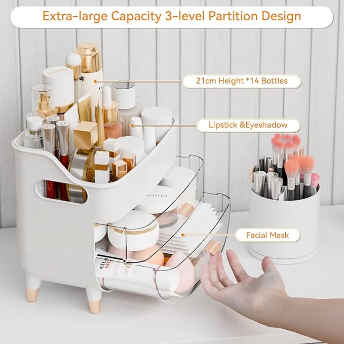 Yieach White Make up Organizers for Counter,Vanity and Dresser,Bathroom Makeup Organizer Countertop,Large Makeup Storage Organizer for Hair Tool,Beauty Products,Skin Care and Cosmetic Display Cases