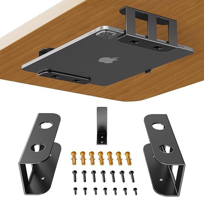 BYMECOST Under Desk Laptop Storage Mount, Metal Under Desk Device Holder, for Devices Up to 2.1" Thick, MacBook, Mini, Keyboard, Router, with Anti-Scratch Silicone (Black)