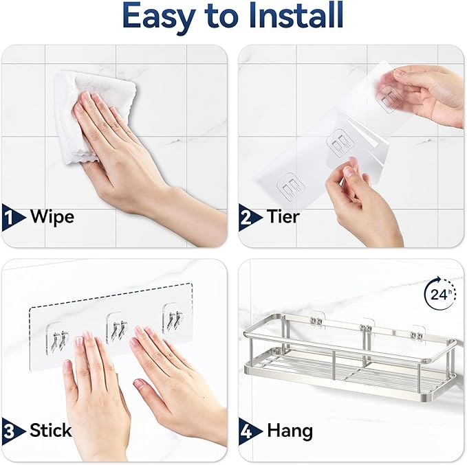 YASONIC Shower Caddy Adhesive, No Drill Bathroom Organizers, Rust Proof Shower Shelves, Wall-Mounted Shower Holder, Silver, 3 Pack