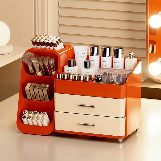 Makeup Organizer with Drawers, Red and Cream