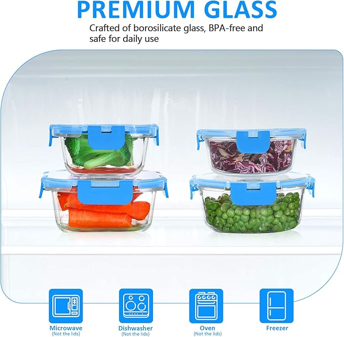 KOMUEE 24 Pieces Glass Food Storage Containers Set,Glass Meal Prep Containers, BPA-Free Airtight Glass Storage Containers with lids,Freezer, Microwave and Oven Safe,Blue