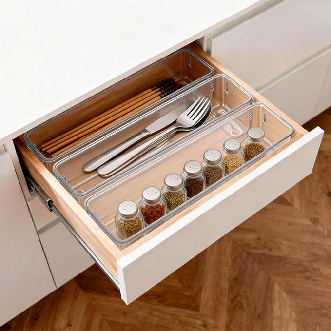 6 Pcs Large Clear Plastic Drawer Organizers Tray 12"x3" Storage Bins with 25 Pcs