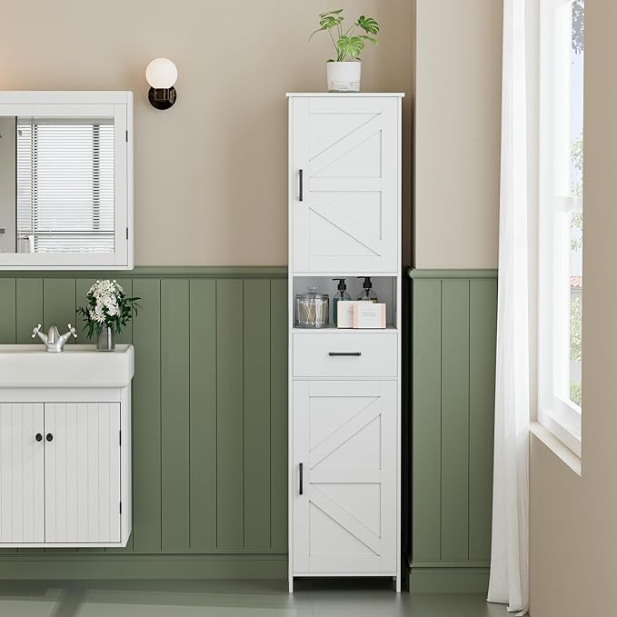 Homhedy 67" H Tall Bathroom Storage Cabinet with 2 Barn Doors and 1 Drawer, Narrow Storage Unit, Adjustable Shelves, Floor Cabinet for Bathroom, Living Room, Entryway, Kitchen, White, (15.7" W)