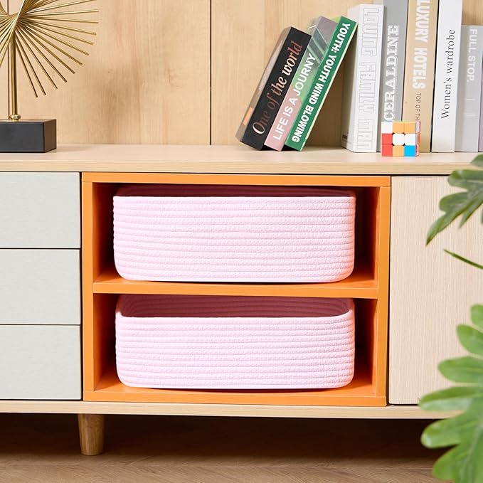 MiniArk Large Shallow Organizing Baskets 15x11x5.1 Inches - Rope Woven Storage Bins for Bathroom, Shelves, Cube Closet, Light Pink 2 Packs