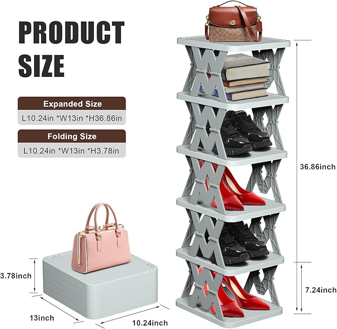 Shoe Rack, 6 Tier Shoe Organizer Without Assembly, Foldable Small Shoe Rack Space Saving, Collapsible Shoe Organizer for Entryway, Front Door Entrance, Kids, Bedroom, White