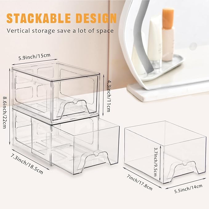 Stebopum 4 Pack Stackable Makeup Organizer, 4.4'' Tall Acrylic Bathroom Makeup Organizer and Storage Drawer with Pull-out Handle, Clear Plastic Storage Bins for Vanity,Pantry,Desk,Undersink,Kitchen