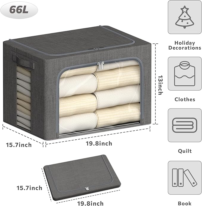 4 Pack Clothes Storage Bins with Metal Frame - 66L Stackable Storage Box with Lid，Foldable Storage Container Organizer for Clothes，Linen Fabric Storage Box with Clear Window＆Zippers＆Handles